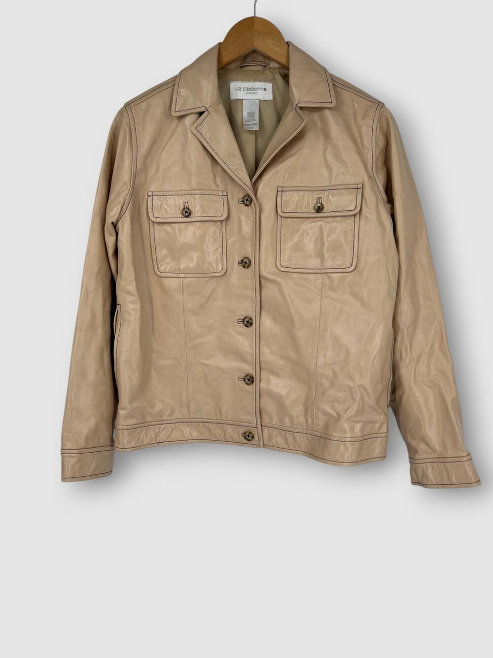 90s Vintage Liz Claiborne Lizsport Tan Genuine Leather Trucker Jacket Small
